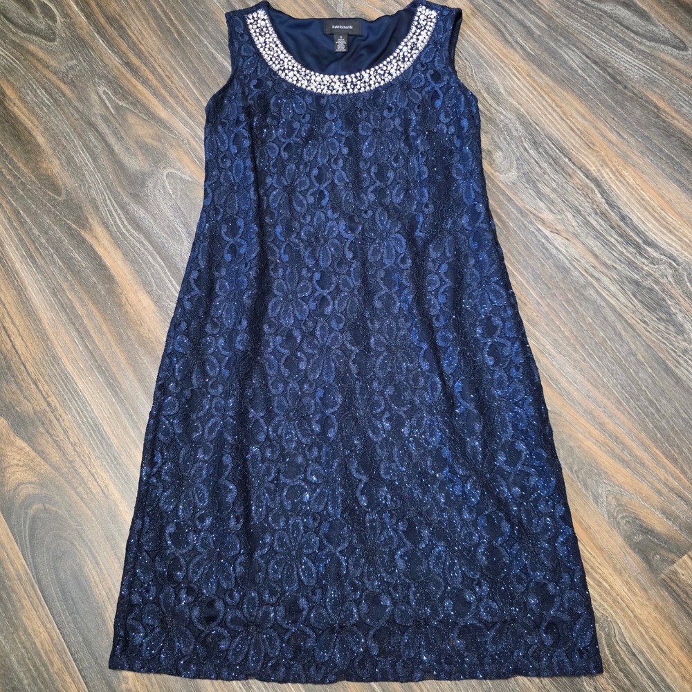 R&M Richards Womens Navy Blue Glitter Floral Lace Embellished Pearl Dress 8